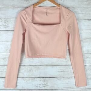 NEW Beyond Yoga Heather Rib Frame Cropped Pullover Square Neck Top Peach Pink